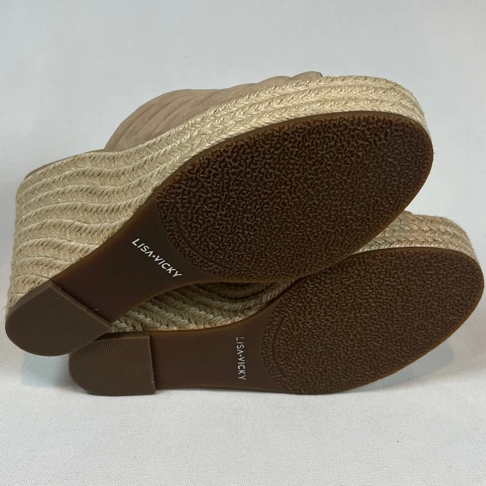Lisa Vicky Gogo Taupe Suede Quilted Espadrille Wedge Mules Platform Sandals NIB